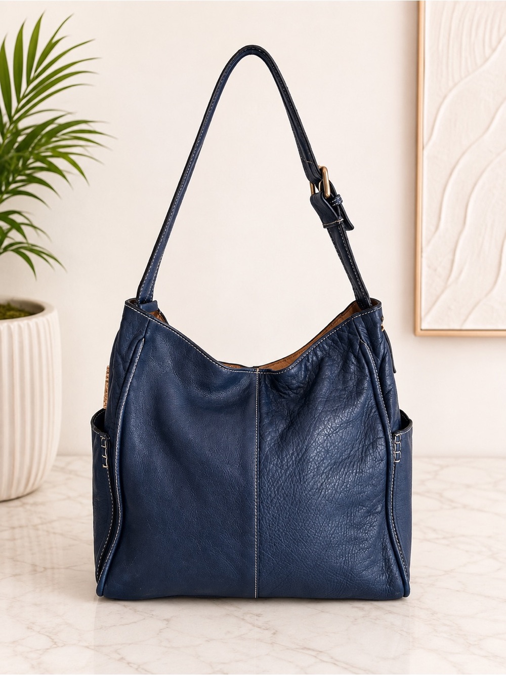 Vintage Y2K A. Bellucci Italy Blue Leather Slouchy Hobo Shoulder Bag Large Tote